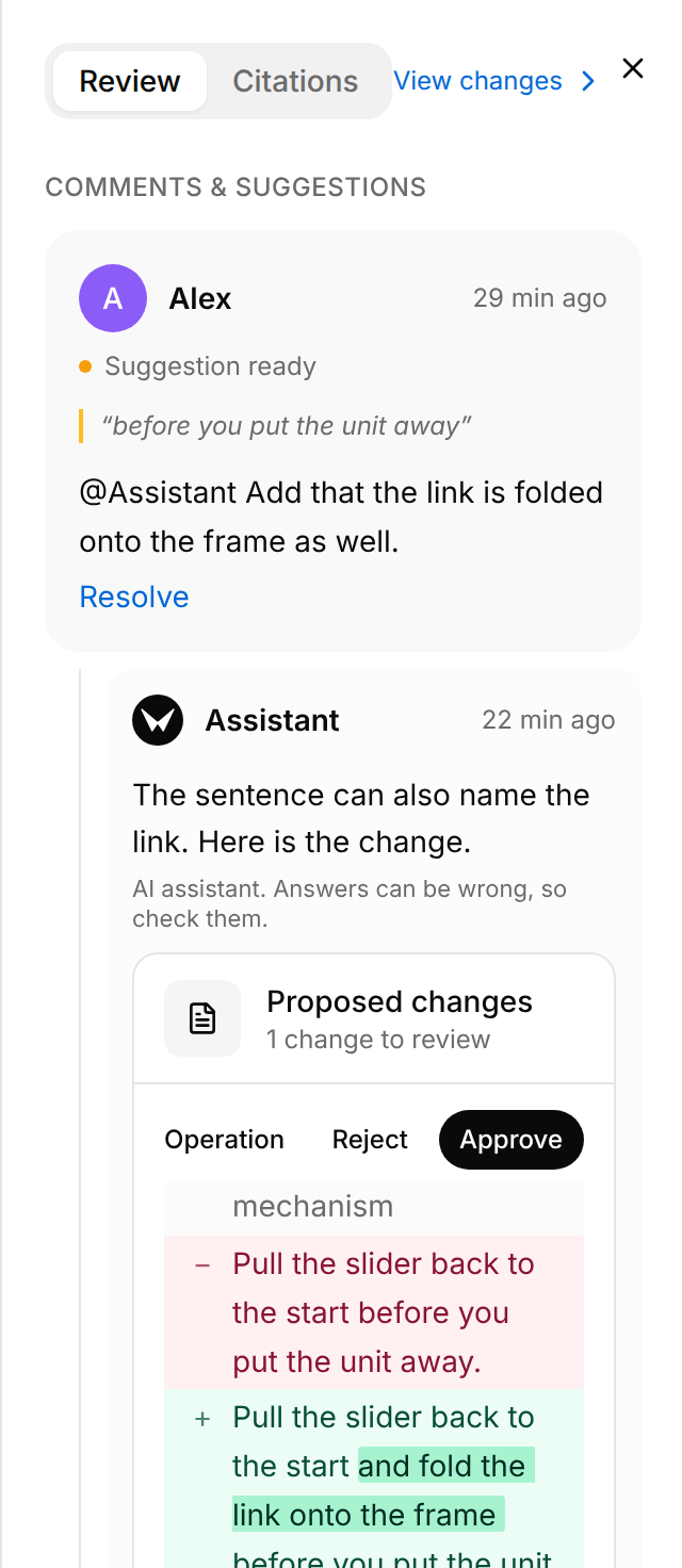 Review panel of a draft with a comment by Alex that tags the Assistant and reads Suggestion ready, and the reply of the Assistant with the card Proposed changes: the section Operation, its buttons Reject and Approve, and the old and new words of its last sentence in red and green.