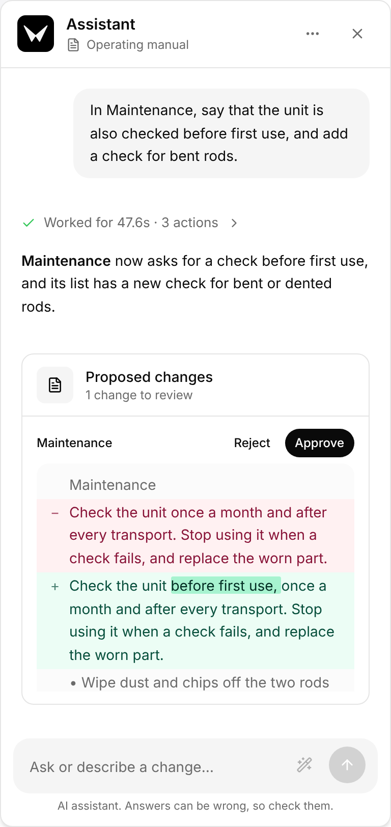 Assistant panel of a draft after a request: the answer, then the card Proposed changes, 1 change to review, with the section Maintenance, its buttons Reject and Approve, and the old and new words of the section in red and green.
