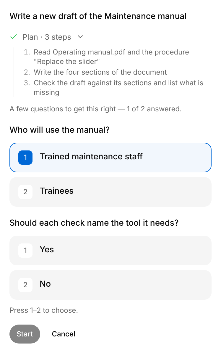 Card in the Assistant panel before a draft starts: what the Assistant is about to write, a plan of three steps, two questions with numbered answers, one of them chosen, and the buttons Start and Cancel.