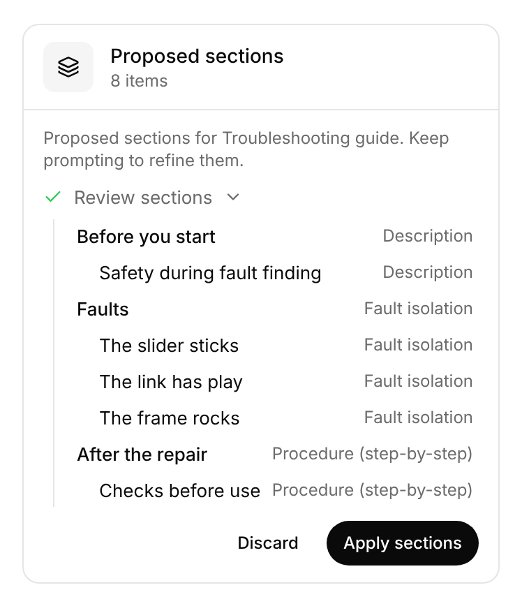 Card Proposed sections, 8 items, in the Assistant panel: a tree of three chapters in bold with their sections, the content type of each on the right, and the buttons Discard and Apply sections.