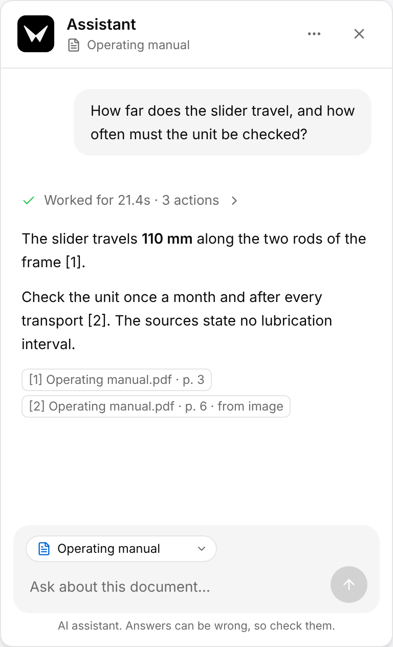 Assistant panel with a question, the line Worked for with its number of actions, an answer of two paragraphs with the numbers 1 and 2 in brackets, and two source chips that name a file and a page.