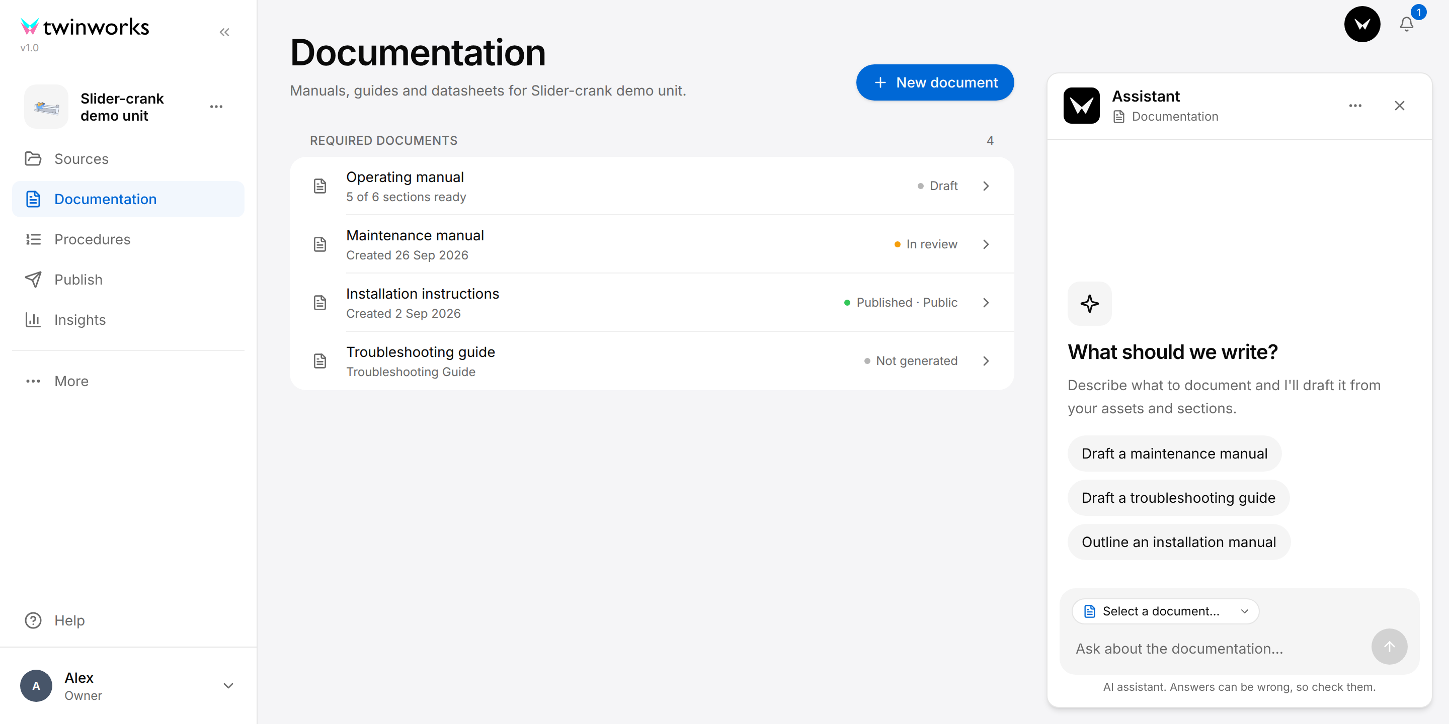 Documentation page of a product with the Assistant panel open on the right: the question What should we write?, three suggestions, the Document box and the message field.