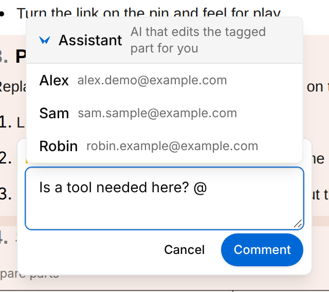Comment box with the text Is a tool needed here? followed by an at sign. Above the field a list offers Assistant, AI that edits the tagged part for you, then Alex, Sam and Robin with their e-mail addresses; under the field, the buttons Cancel and Comment.