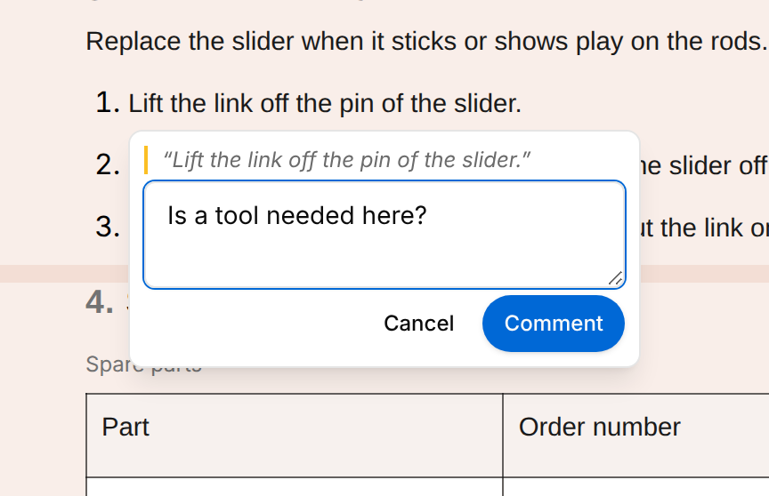 Comment box over a numbered list of the document. It quotes the selected sentence, Lift the link off the pin of the slider, holds the text Is a tool needed here? and has the buttons Cancel and Comment.