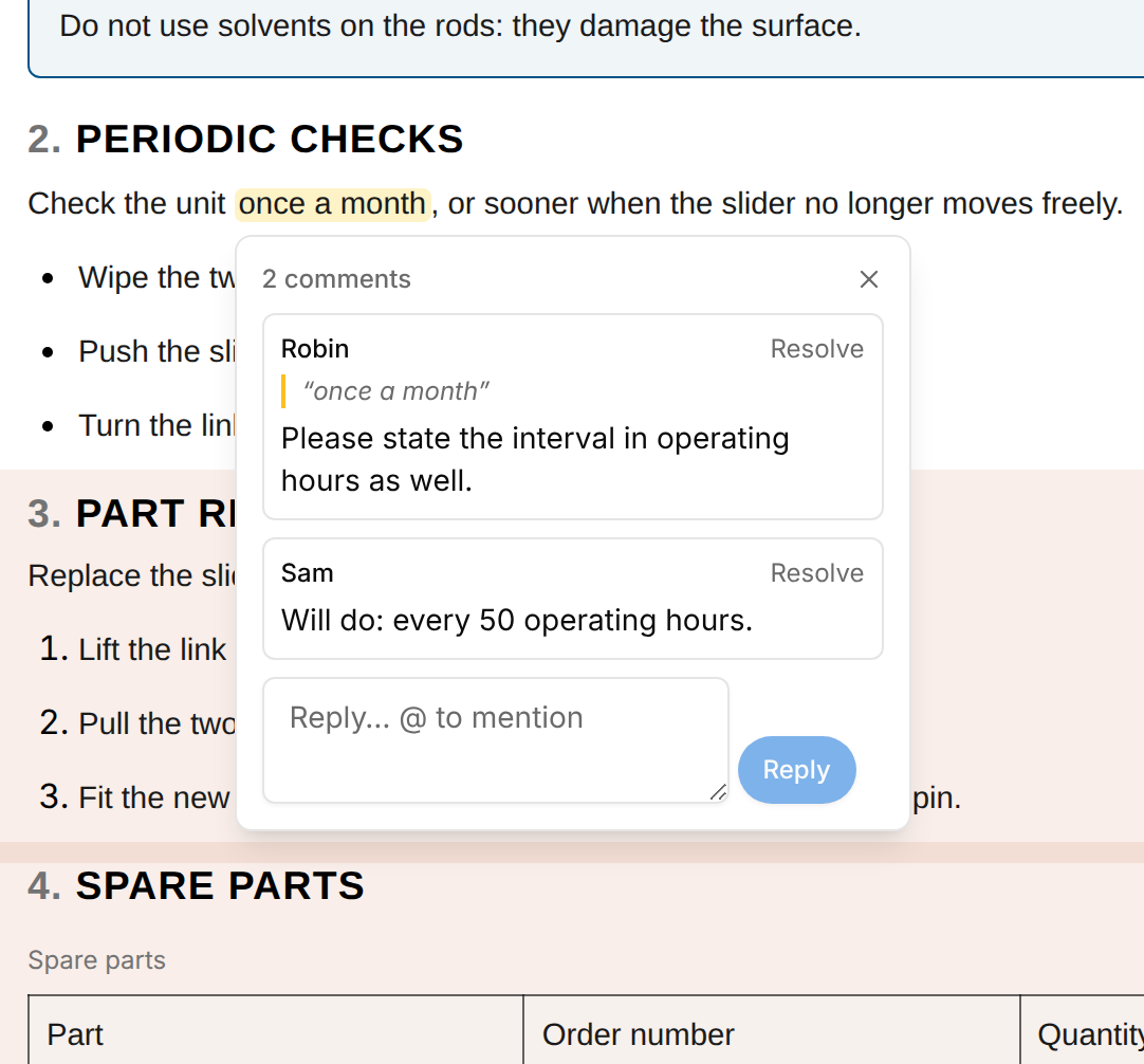 Thread opened under the highlighted words once a month in the document: 2 comments, one by Robin and one by Sam, each with a Resolve link, and under them a reply box with the Reply button.