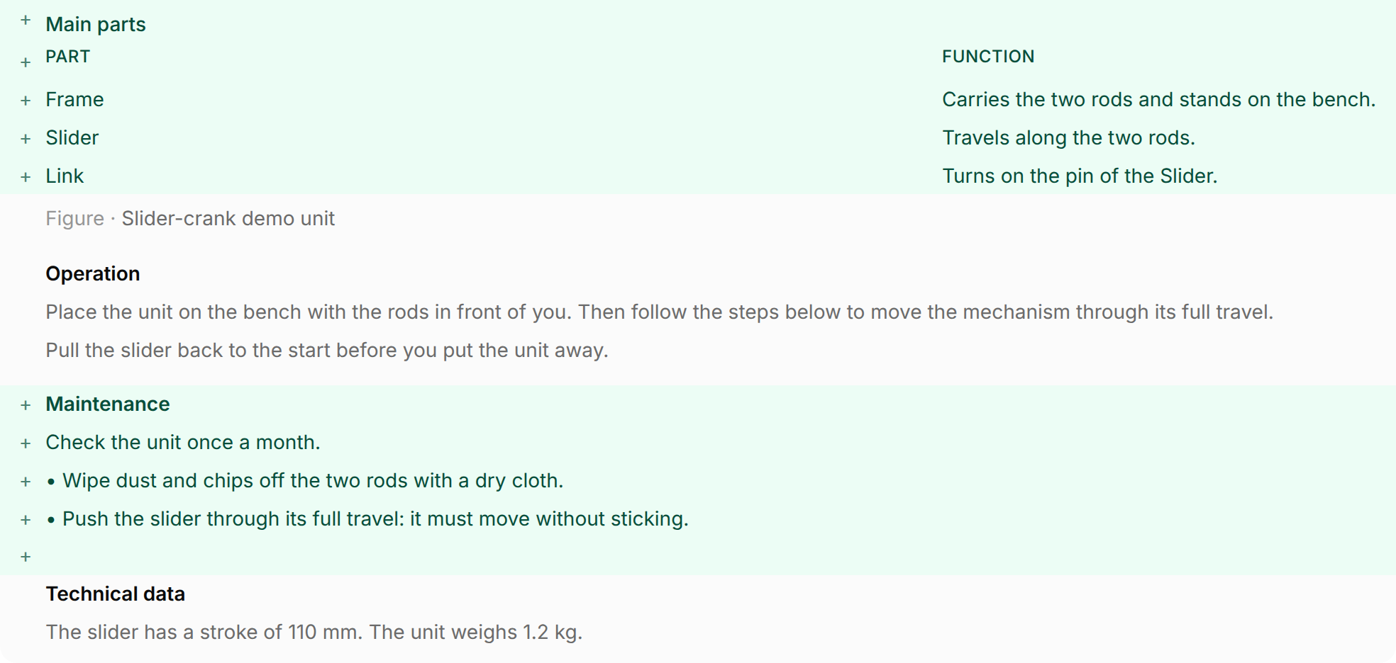 Comparison of revision 1 and revision 2 in the Inline view. The table Main parts with the rows Frame, Slider and Link, and the section Maintenance, are in green with a plus sign in the margin. The sections Operation and Technical data are unchanged, their text in grey.