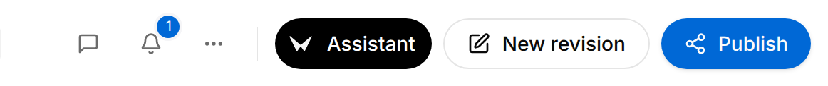 Top right of an approved draft that is not published yet: the review panel button, the notifications bell, the Document actions button, Assistant, and the buttons New revision and Publish.