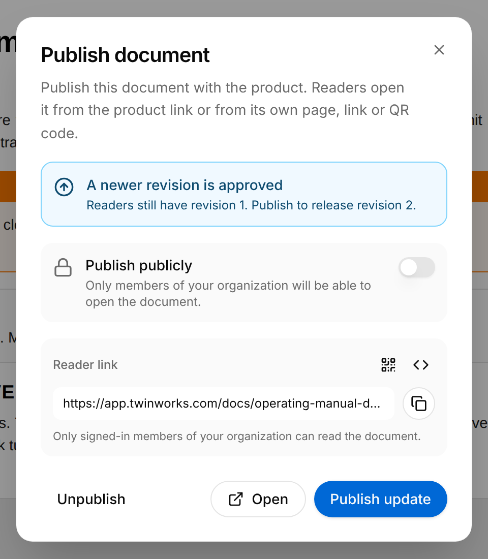 Publish document dialog with a blue notice: A newer revision is approved. Readers still have revision 1. Publish to release revision 2. The buttons are Unpublish, Open and Publish update.