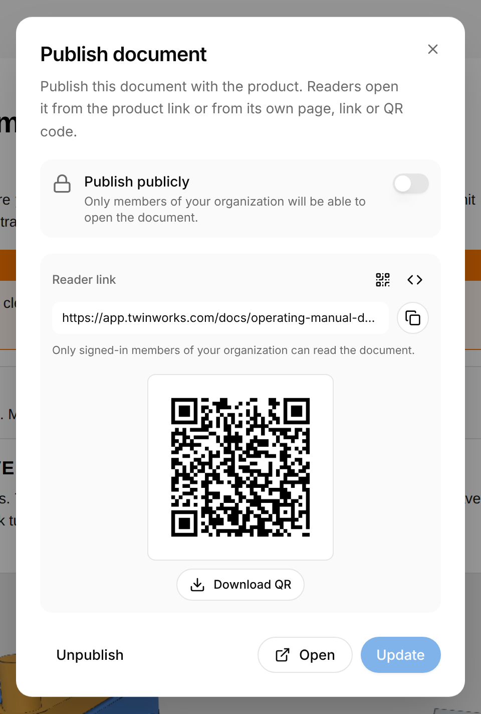 Publish document dialog of a document published to the Team audience: the switch Publish publicly, off; the Reader link, with the QR code, Embed code and Copy link buttons; the line Only signed-in members of your organization can read the document; a QR code with the button Download QR; the buttons Unpublish, Open and Update.