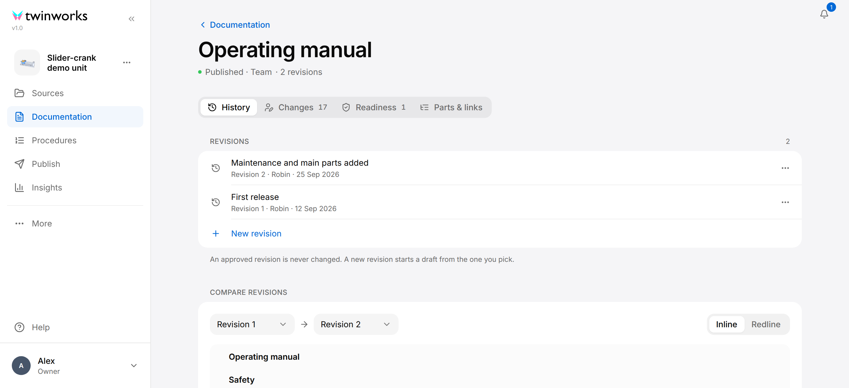 Page of the approved Operating manual, Published, Team, 2 revisions, with the tabs History, Changes 17, Readiness 1, Parts and links and Export. Under Revisions: Maintenance and main parts added, Revision 2, Robin, 25 Sep 2026; First release, Revision 1; and New revision. Under Compare revisions: Revision 1, Revision 2 and the choice Inline or Redline.