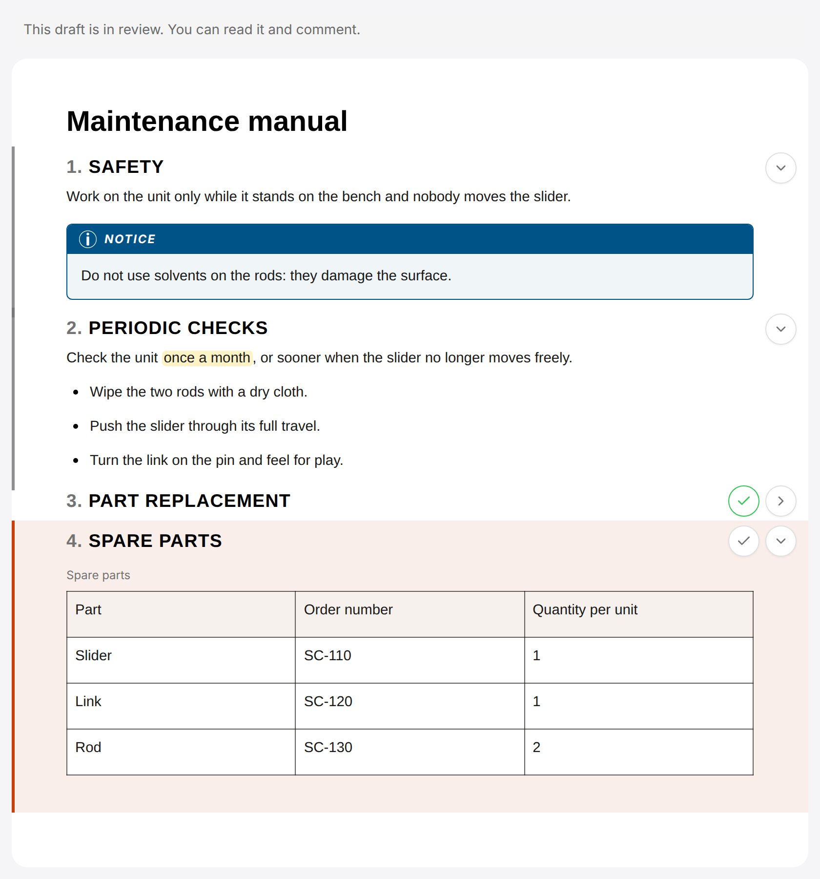 A document in review with four sections. Sections 1 and 2 have a grey bar and an arrow button. Section 3 is folded to its title, has no bar and has a green check button. Section 4 has an orange bar and background, a check button and an arrow button.