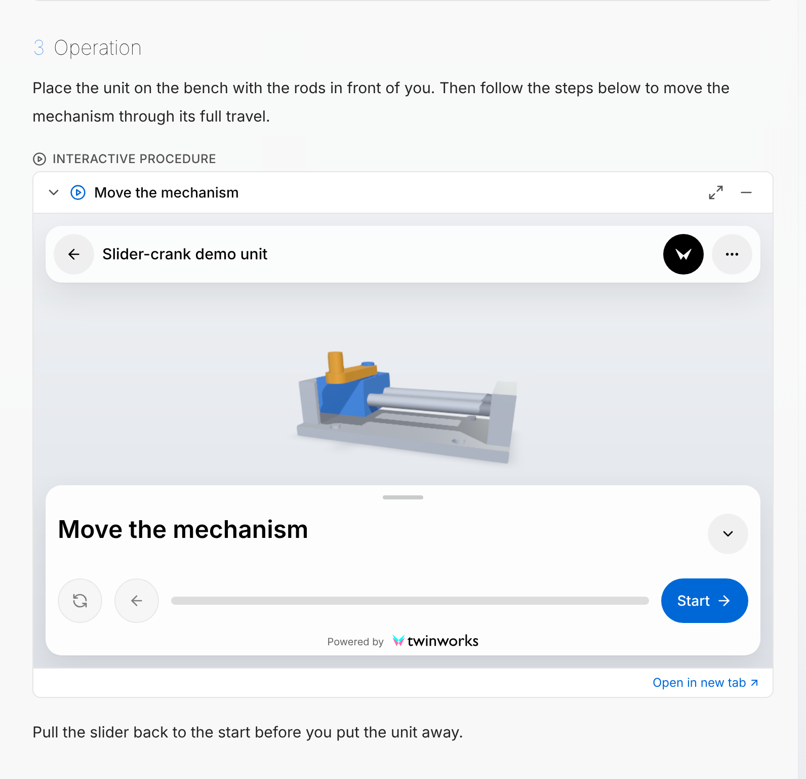 Section 3 Operation in the reader with the embedded procedure Move the mechanism open: the row with the title and the buttons Maximize and Minimize, a frame with the 3D model of the unit and the Start button, and the link Open in new tab under the frame.