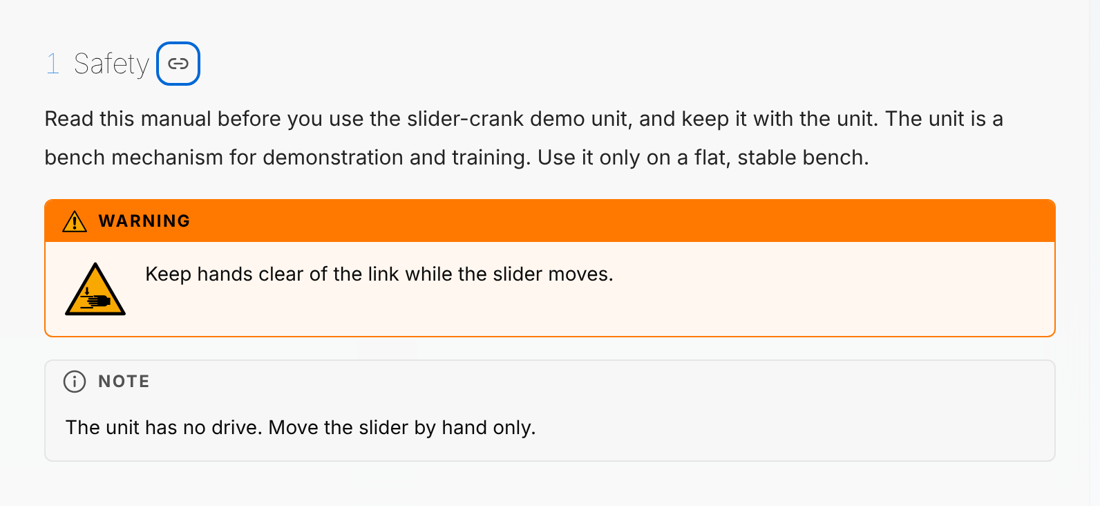 Section 1 Safety in the reader, with a link icon after the heading Safety: a paragraph, an orange WARNING notice with a hand injury sign, and a grey NOTE notice.