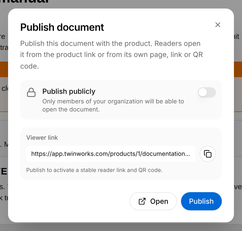 Publish document dialog of an approved draft that is not published: the Publish publicly switch, off, the Viewer link with its Copy link button, and the buttons Open and Publish.