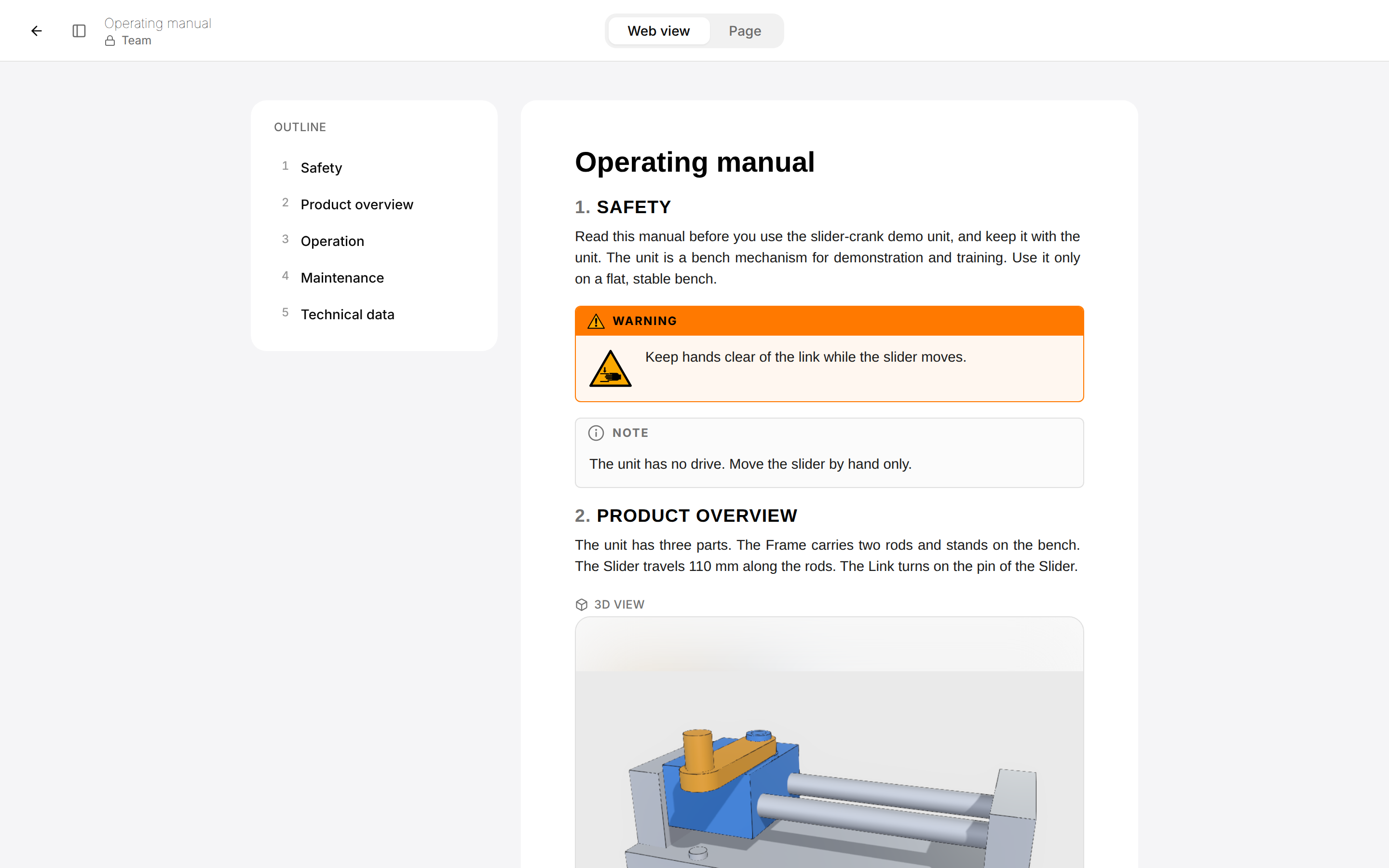 Document viewer page of the Operating manual: the title with Team under it, the tabs Web view and Page, the Outline card with five sections and the document.