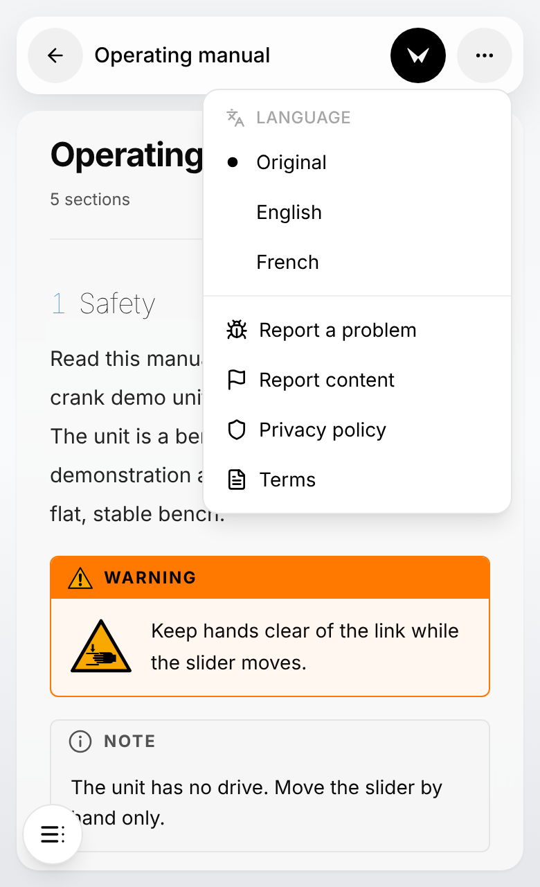 Reader on a phone with the More options menu open: the heading Language with Original, English and French, then Report a problem. The bar holds the Back arrow, the title, the assistant button and three dots, and a round button sits at the bottom left of the document.