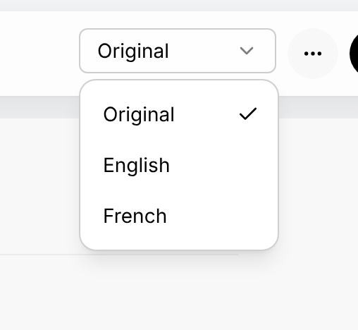 Language box of the reader, open: Original, with a check mark, then English and French.