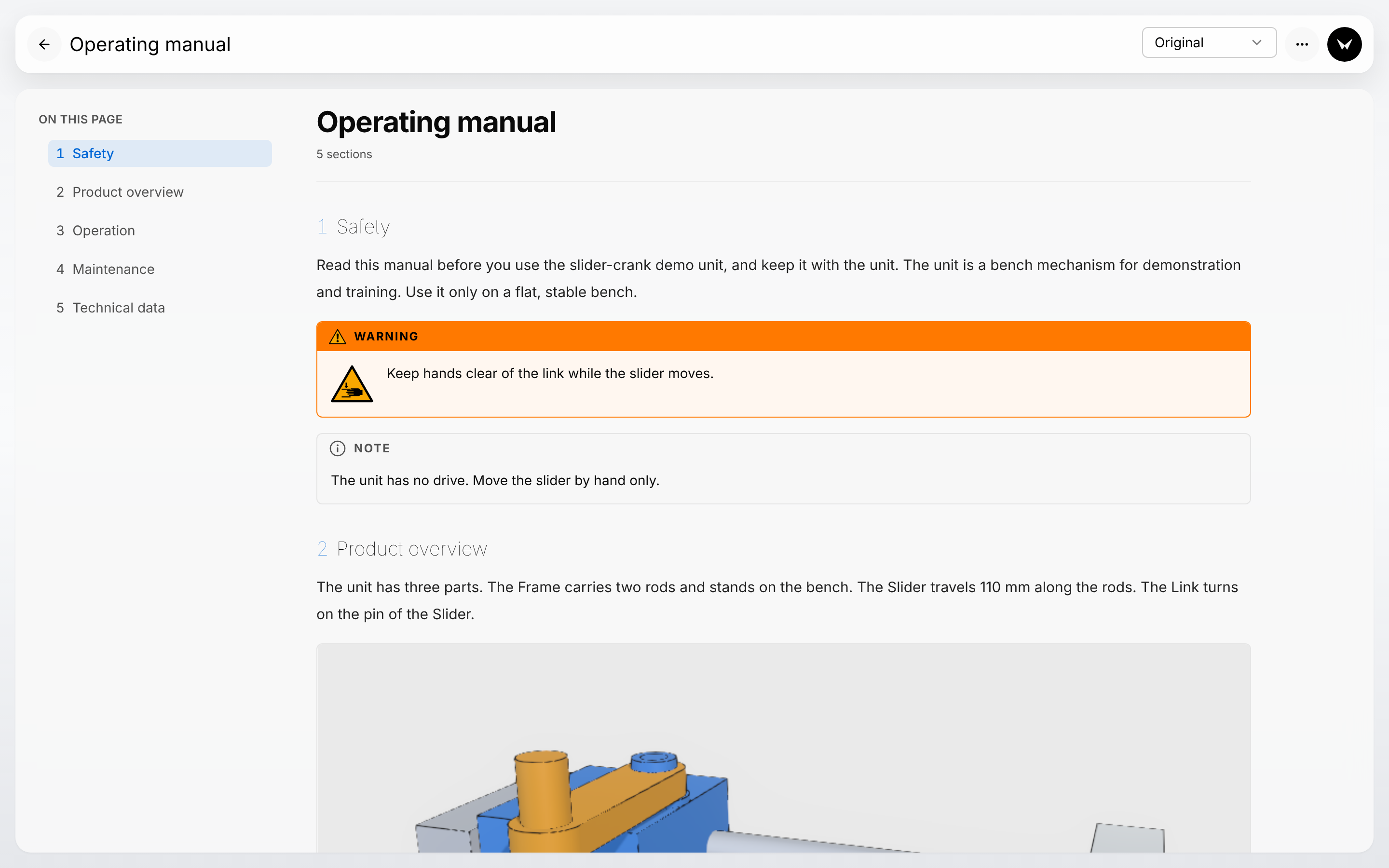 Reader with the Operating manual: a bar with the Back arrow, the title, the language box, the Report a problem button (a bug) and the assistant button, the On this page list with five sections on the left, and the document on the right.